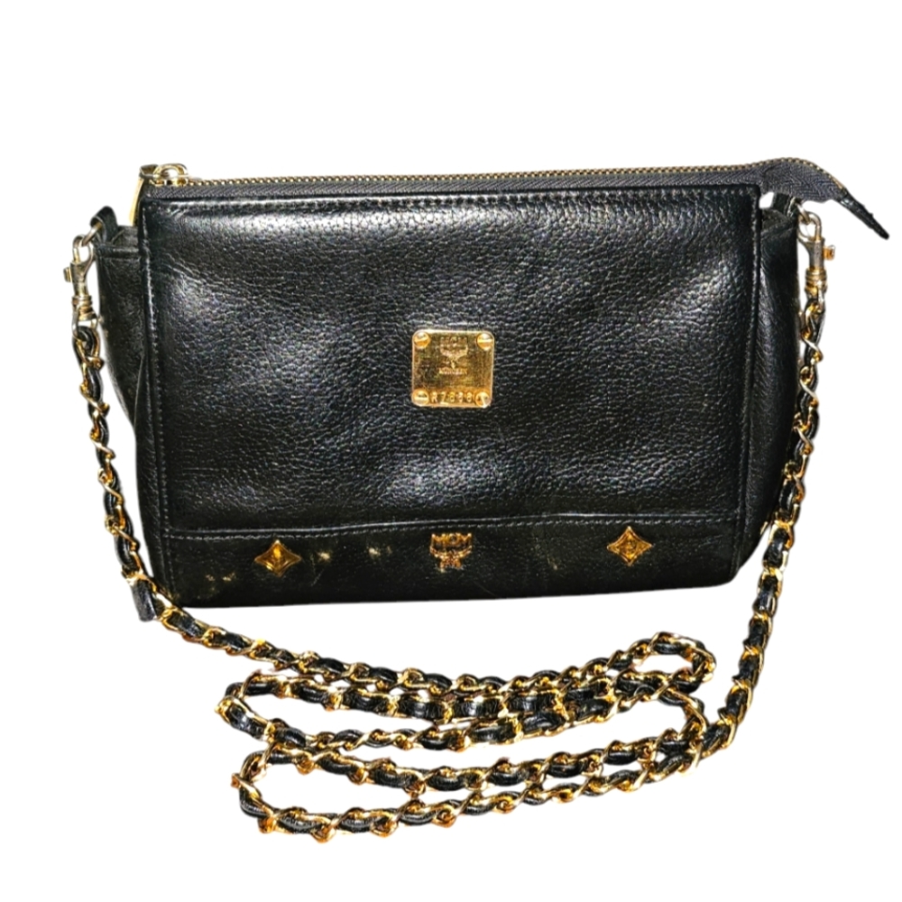 Authentic MCM Black Leather Crossbody Chain Small Bag